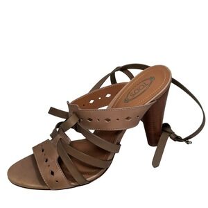 New Tod's Ankle Wrap Dress Sandals Tan perforated Leather size 39.5 8-8.5 run sm